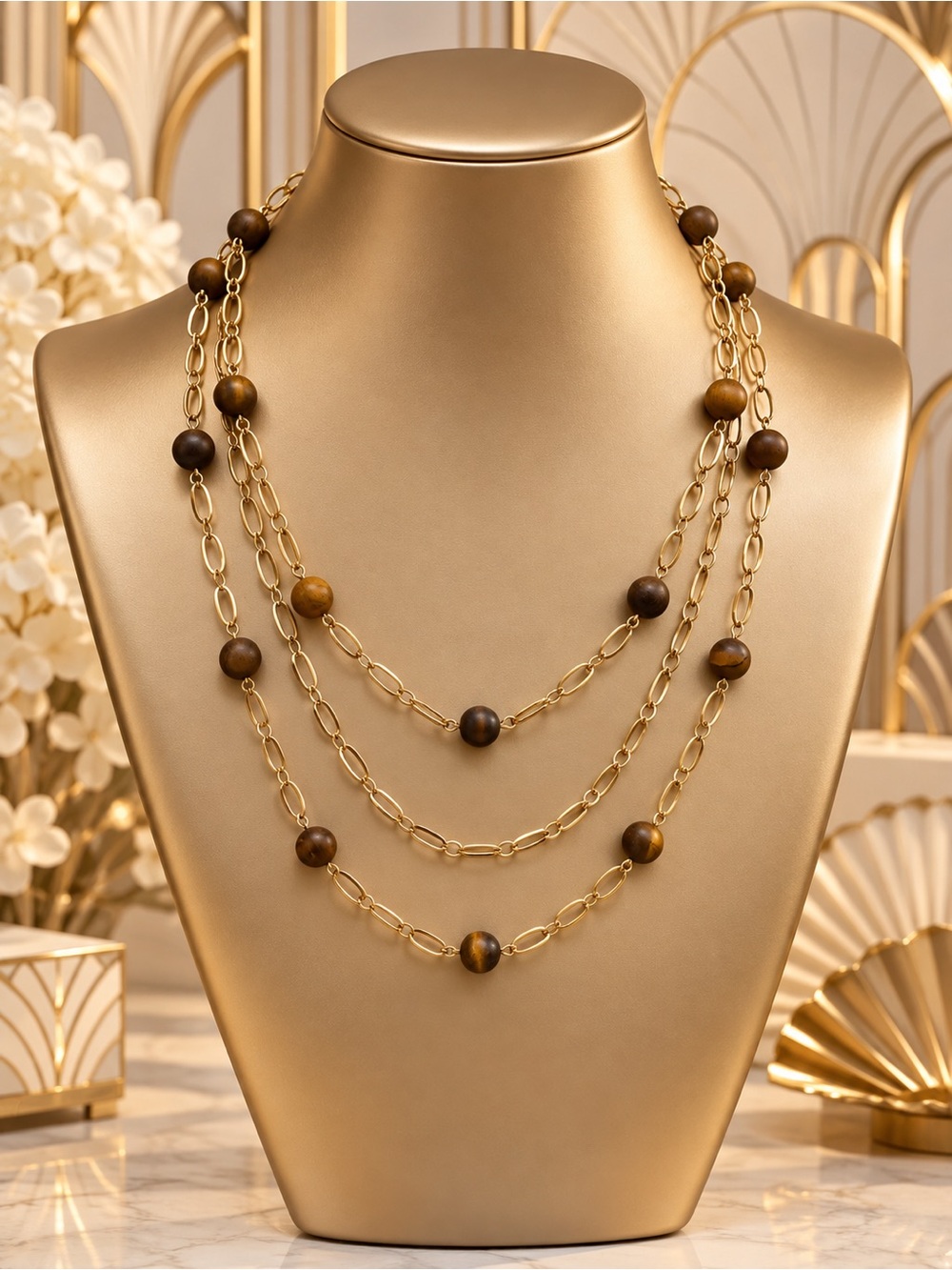 🆕❤️Layered Gold Chain Necklace with Genuine Tigers Eye